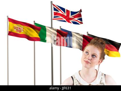 Composito Digitale della lingua principale bandiere dietro il pensiero adolescente Foto Stock