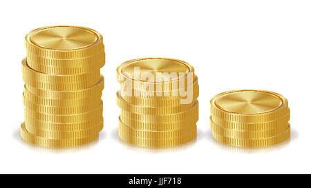 Le monete d'oro pile vettore. Golden Icone delle finanze, Segno, successo bancario simbolo in contanti. Concetto di investimento. Valuta realistico illustrazione isolato Illustrazione Vettoriale