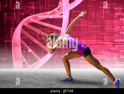 Composito Digitale di Runner con il colore rosa della catena di DNA parete Foto Stock