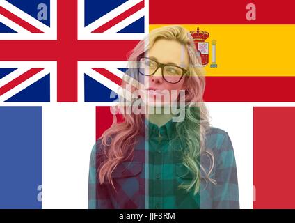 Composito Digitale della lingua principale di bandiere e di giovane donna si sovrappongono Foto Stock