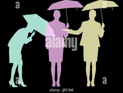 Digital composito di imprenditrice con ombrellone sagome in colori pastello. Sfondo nero Foto Stock