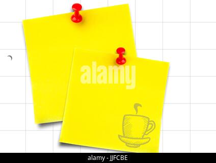 Composito Digitale del Giallo sticky notes con caffè doodle contro il bianco della carta grafico Foto Stock