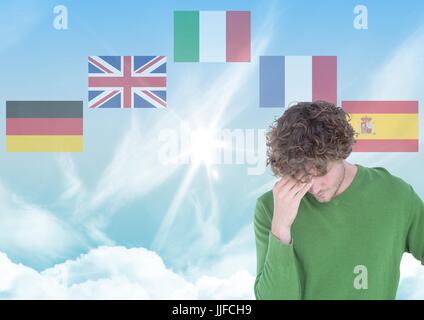 Composito Digitale della lingua principale bandiere circa giovane. Sullo sfondo del cielo Foto Stock