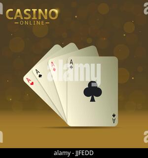 Poker giocando a carte. Set di quattro assi giocando a carte tute, vincendo mano di poker su brillantini dorati sullo sfondo Illustrazione Vettoriale