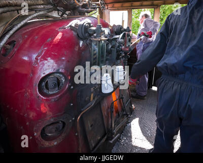 Vista orizzontale sul pavimento di una locomotiva a vapore. Foto Stock