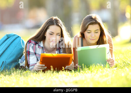 Vista frontale di due concentrati gli studenti di note di lettura sdraiati sull'erba in un parco Foto Stock