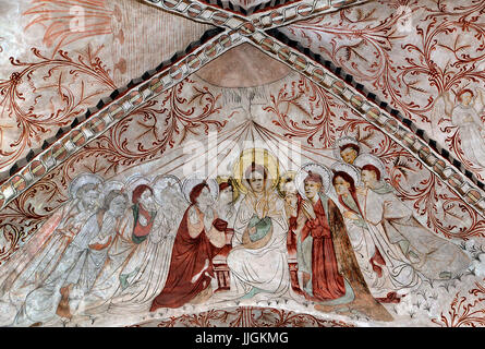 Danese religiosi nedieval affresco nella Chiesa Undloese raffigurante Maria Vergine e la apostels ricevere lo Spirito Santo a Pentecoste dipinta dal Isefjor Foto Stock