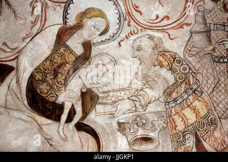 Danese religiosi nedieval affresco nella Chiesa Undloese raffigurante i tre saggi - i Magi - ammirando il Gesù Bambino dipinta dall'Isefjord Maste Foto Stock