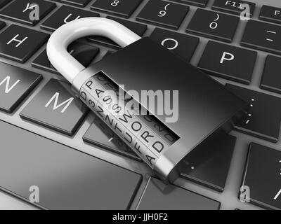 3D renderer illustrazione. lucchetto chiuso sulla tastiera del computer. Il concetto di privacy Foto Stock