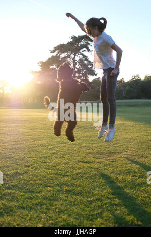 Una ragazza adolescente jumping in tandem con il suo cane su un soleggiato giorno. Foto Stock