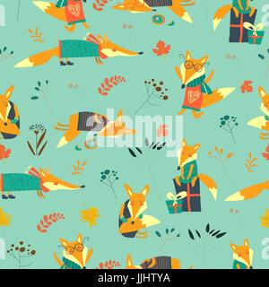 Carino volpi seamless pattern con foglie di autunno Illustrazione Vettoriale