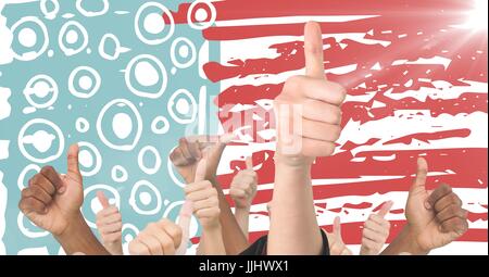 Mani dando pollice in su contro disegnati a mano bandiera americana con effetto flare Foto Stock