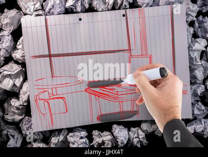 Disegno a mano office linee rosse su una carta con dettagli neri Foto Stock