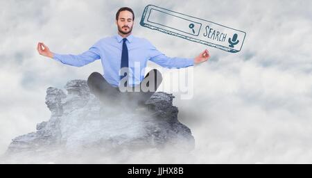 Business man meditando su 3D picco di montagna tra le nuvole con il verde della barra di ricerca Foto Stock