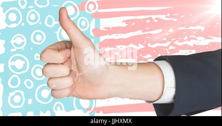 Mano dando pollice in su contro disegnati a mano bandiera americana Foto Stock