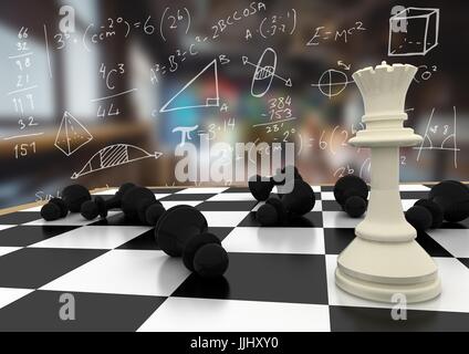 3D Chess pezzi contro sfocate con camera bianca scarabocchi matematica Foto Stock