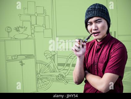 Uomo millenario della tubazione per fumatori contro verde 3d disegnati a mano office Foto Stock