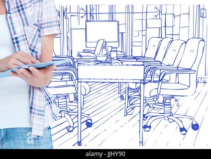 Le mani con la compressa di fronte al sorteggio del 3D ufficio blu Foto Stock