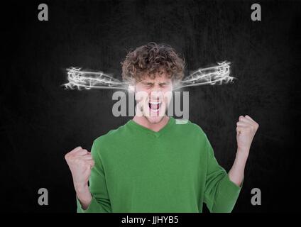 Rabbia giovane uomo grida con 3D vapore sulle orecchie. Foto Stock