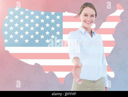 Business donna agitando la mano contro la bandiera americana Foto Stock