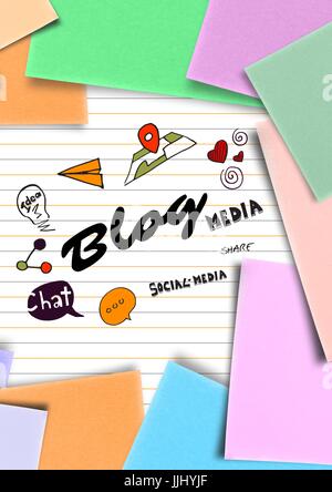 Blog doodle su notepad circondato da sticky notes Foto Stock