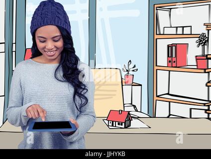 Giovane donna con cappello viola e tablet in ufficio con le linee di colore Foto Stock