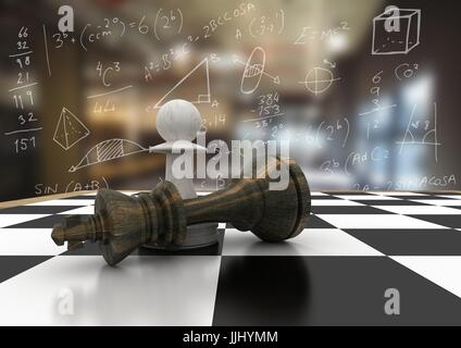 3D Chess pezzi contro sfocata cafe con bianco scarabocchi matematica Foto Stock