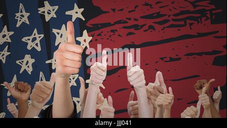 Mani dando pollice in su contro disegnati a mano bandiera americana Foto Stock