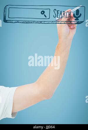 Puntamento a mano con penna a 3D la barra di ricerca contro sfondo blu Foto Stock