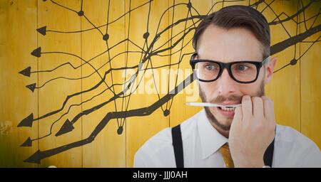 Frustrato uomo d affari con la penna in bocca contro 3D giallo pannello di legno e grafico Foto Stock