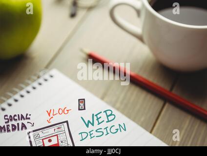 Web design doodle su notepad accanto al caffè e Apple Foto Stock