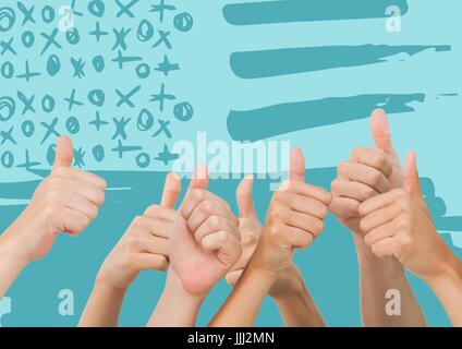 Mani dando pollice in su contro blu disegnati a mano bandiera americana Foto Stock