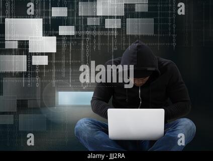 Hacker con seduti con le gambe incrociate usando un computer portatile di fronte a sfondo digitale Foto Stock