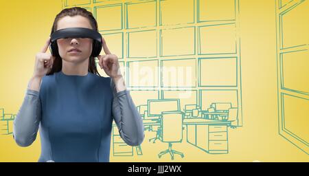 La donna in realtà virtuale auricolare contro 3d giallo e blu disegnati a mano office Foto Stock