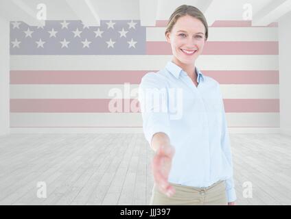 Business donna agitando la mano contro la bandiera americana Foto Stock