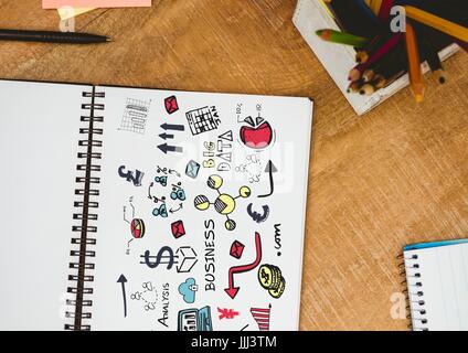 Business 3D doodle su notepad accanto a matita Foto Stock
