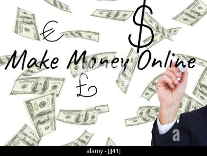 La scrittura a mano rendere i soldi in linea nella schermata con icone di denaro. Sfondo di banconote Foto Stock