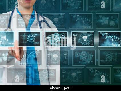 Donna dottore interagenti con 3D interfacce medico Foto Stock