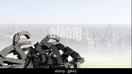 3D rotture di calcestruzzo di pietra con il simbolo euro nel paesaggio urbano Foto Stock