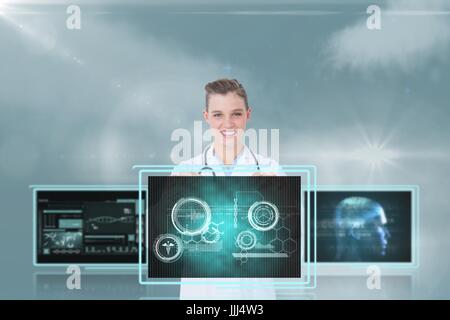 Donna dottore interagenti con 3d interfacce medico contro sky con razzi e nuvole Foto Stock