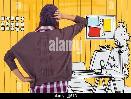 Retro della donna millenario contro 3d mano gialla tracciata office Foto Stock