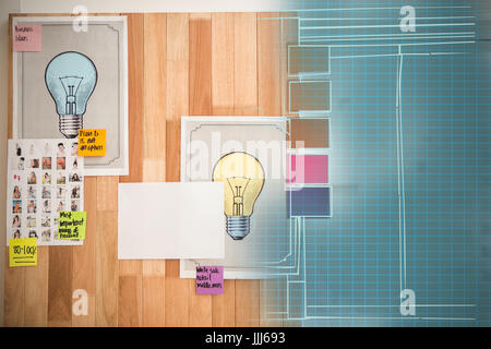 Composite immagine 3d della lampadina grafici attaccata sulla parete in legno Foto Stock