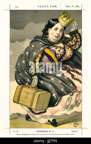 Isabella II - Ritratto seduta. Vanity Fair caricatura da Coide (vero nome James Jacques Tissot, 1836-1902). La didascalia recita "overeigns, n. 2: Ha durante tutta la sua vita stata tradita da coloro che avrebbero dovuto essere più fedele al suo, datata 18 settembre 1869. Isabella II, regina di Spagna: 10 Ottobre 1830 - 10 aprile 1904. Foto Stock