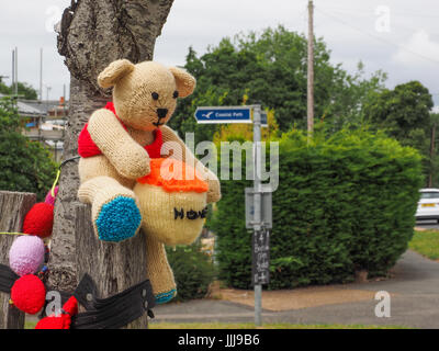 Bombardamento di filato, Yarnbombing, cappone Village, Isola di Wight. 19 lug 2017. Foto: 16 lug 2017. Il cappone e affiatato gruppo di Natter decorare Grondin Village per raccogliere fondi per il cappone Elephant Club, una carità locale la raccolta di fondi per le persone con problemi di memoria e capacità i cani per i giovani. La distribuzione coincide con l'Isola di Wight Open Studios dove artista aprire i loro laboratori di mostrare al pubblico i loro mestieri di tutta l'isola dal 14 al 24 luglio 2017. Foto: 16 lug 2017. Foto Stock