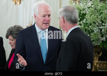 Washington, DC, Stati Uniti d'America. 19 Luglio, 2017. Il senatore repubblicano del Texas John Cornyn (L) e il senatore repubblicano del Wisconsin Ron Johnson (R) parlare l'uno con l'altro prima di iniziare il pranzo con i membri del Congresso ospitato dal presidente statunitense Trump (non mostrato) nello stato in sala da pranzo della Casa Bianca di Washington, DC, Stati Uniti d'America, 19 luglio 2017. Credito: Michael Reynolds/Piscina via CNP - nessun filo SERVICE - foto: Michael Reynolds/Piscina via CNP/dpa/Alamy Live News Foto Stock