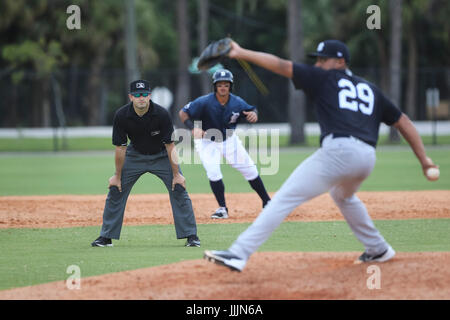 Lakeland, Florida, Stati Uniti d'America. 5 Luglio, 2017. Sarà VRAGOVIC | Orari.arbitro Tom Fornarola, 23, orologi un passo durante il Gulf Coast League tra i New York Yankees e Detroit Tigers presso il complesso Tigertown in Lakeland, Fla. Mercoledì, 5 luglio 2017. Credito: Sarà Vragovic/Tampa Bay volte/ZUMA filo/Alamy Live News Foto Stock