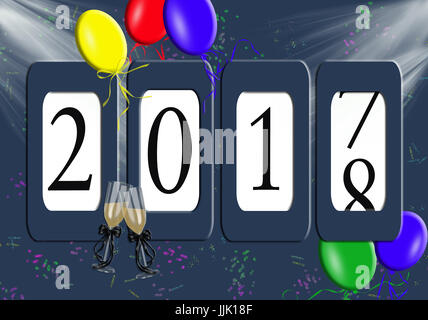 Anno Nuovo 2018 segno contachilometri con party palloncini e coriandoli Foto Stock