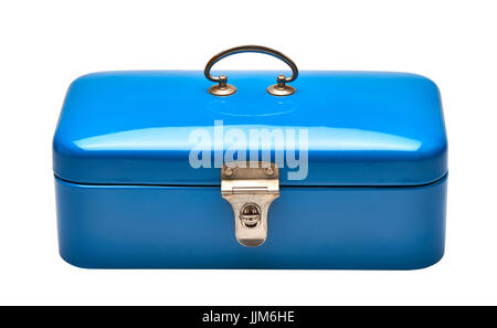 Vecchio e pesante blu vintage torace in metallo isolato su bianco. Tracciato di ritaglio Foto Stock