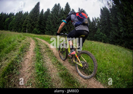 Un mountain biker cavalcare un pedale elettrico assistere ebike in salita in Morzine nelle Alpi francesi. Foto Stock