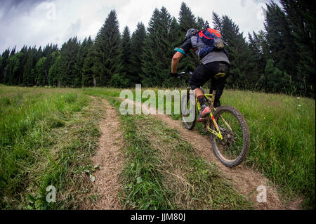 Un mountain biker cavalcare un pedale elettrico assistere ebike in salita in Morzine nelle Alpi francesi. Foto Stock